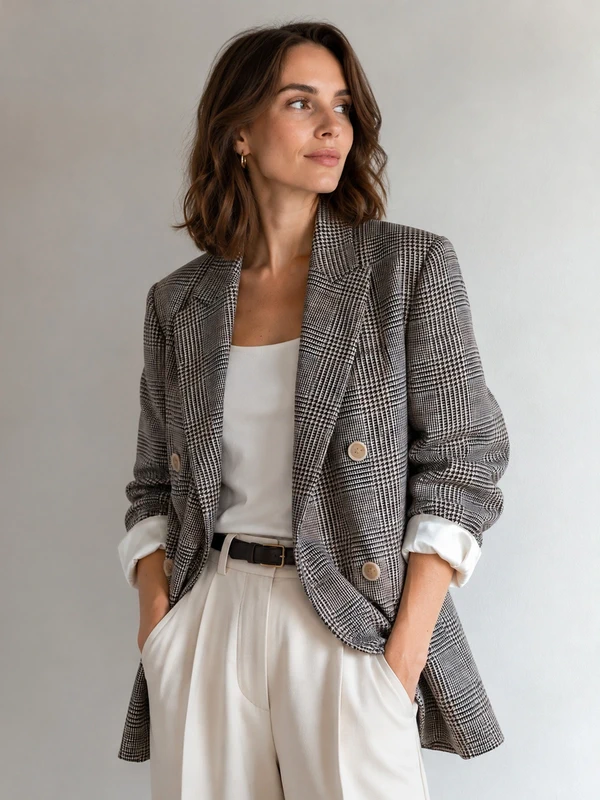 Double Breasted Checked Linen Blazer - Image 2